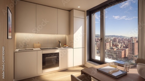 Modern compact kitchen area features integrated appliances beside a large window overlooking a dense urban landscape