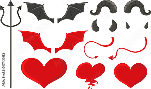 Bild auf Leinwand Devil, heart, and bat wing vector icons, Halloween symbols, red and black illust