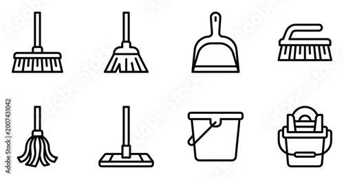 Set of cleaning supplies including brooms, mops, dustpan, bucket for household chores icon pack.