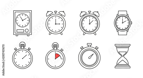 Collection of Diverse Timekeeping Devices: Clocks, Watches, Stopwatches, Hourglass