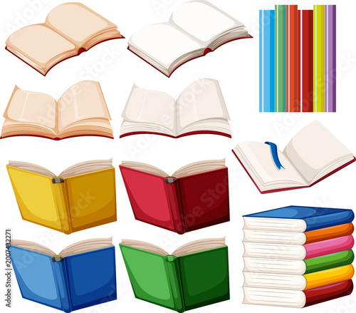 Bilde på lerret Colorful book icons, book covers, and open books, educational vector illustratio