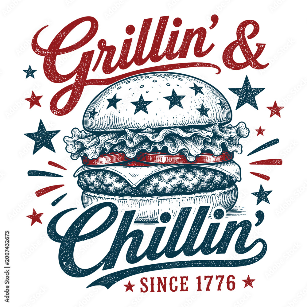 Fototapeta premium Grillin and Chillin Since 1776 Patriotic Burger Vintage Illustration