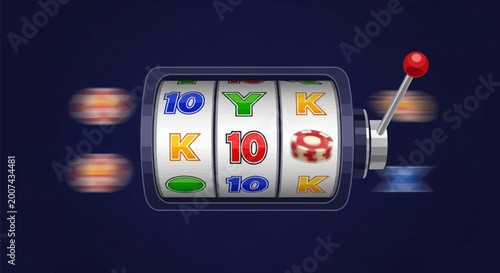 3D vector illustration of a three-reel slot machine with a side pull lever on a dark background. Symbols include orange K, blue and red 10, green shapes, and flying poker chips with motion blur.