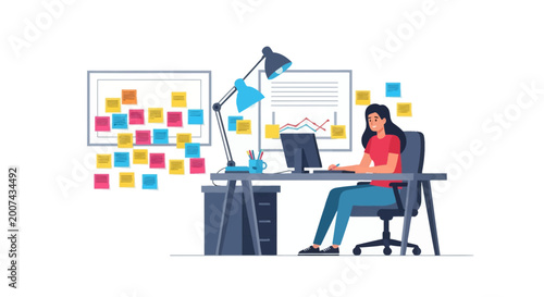 Flat vector illustration of a professional woman working at a desk with a computer monitor, desk lamp, and various charts, featuring a whiteboard covered in colorful sticky notes.