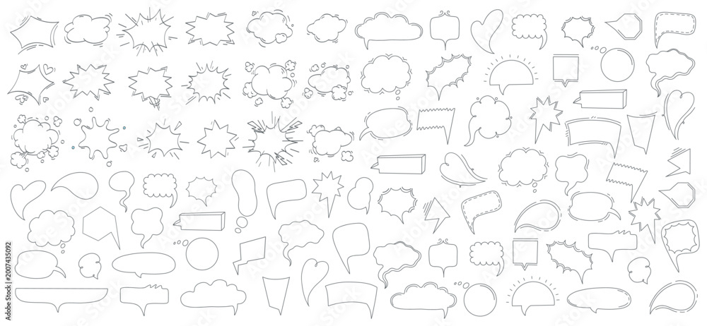 Naklejka premium Speech bubbles doodle set. Talk clouds, shout bursts and dialog words for comic poster templates. Retro vector collection of cartoon elements for message, emoji frames and isolated illustrations