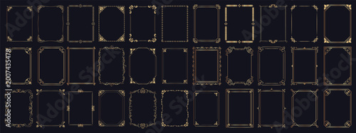 Golden calligraphic frame set with filigree borders and art deco scrolls on black background. Vintage vector collection ornate portals frame, rectangular ornaments for covers or certificate template