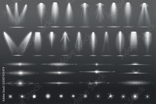 Fotografia Beam spotlight set with floodlight rays and space illuminators lights effects, glitter flares