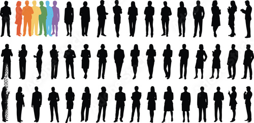 Large collection of professional business people silhouettes featuring diverse men and women in corporate poses for office and teamwork designs