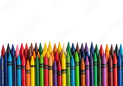 a close-up, top-down macro shot of a dense, haphazard line of brand-new, brightly colored wax crayons on a transparent background with copy space. concept for educational supplies advertising