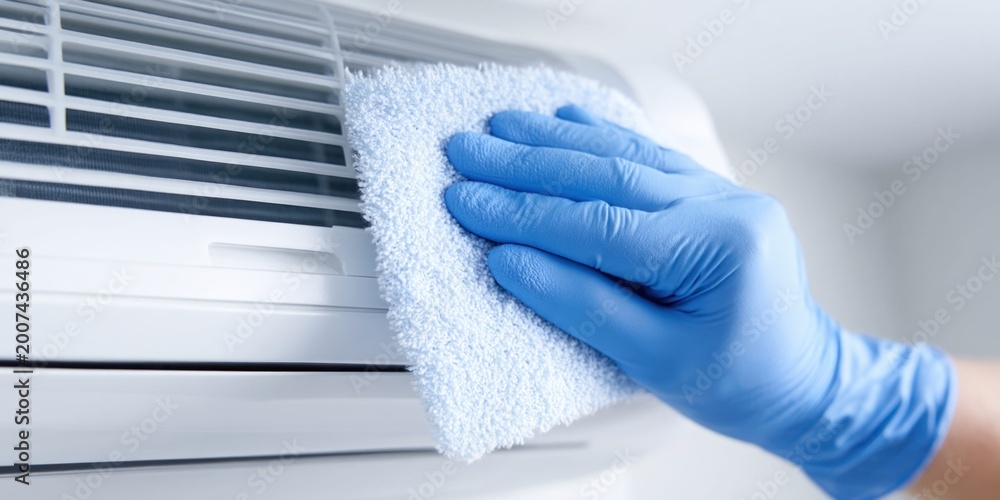 Fototapeta premium Gloved hand cleaning the air conditioner unit with a soft cloth for hygiene and maintenance