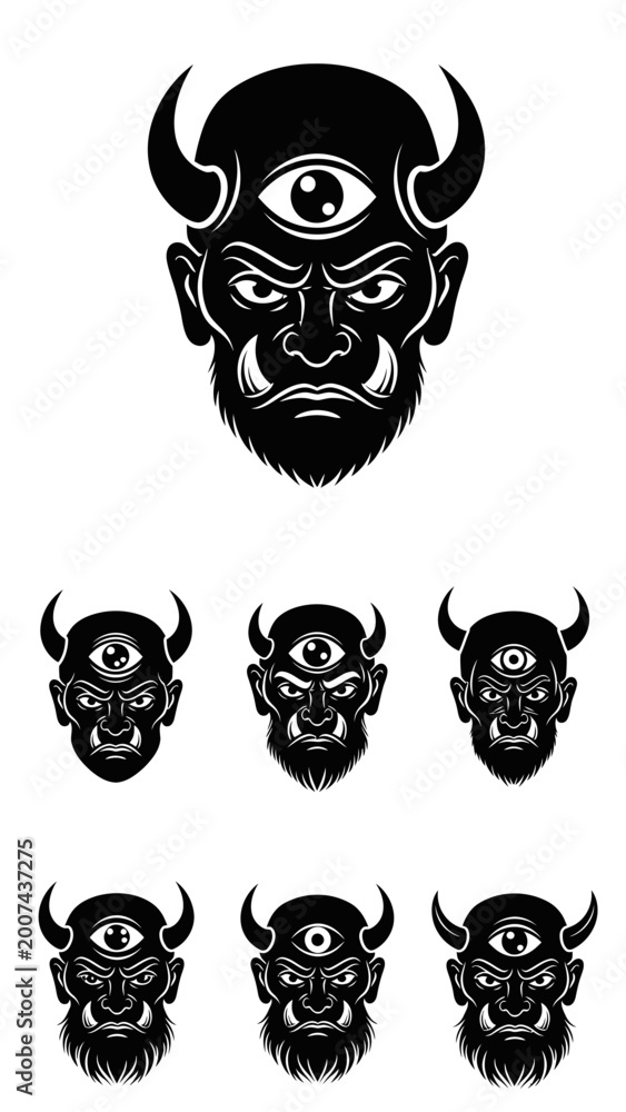 Obraz premium Monstrous Cyclops Demon Faces with Horns and Third Eye - Black and White Vector Icons