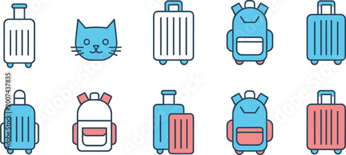 Vászonkép Set of flat line travel luggage icons featuring blue and pink suitcases, backpac