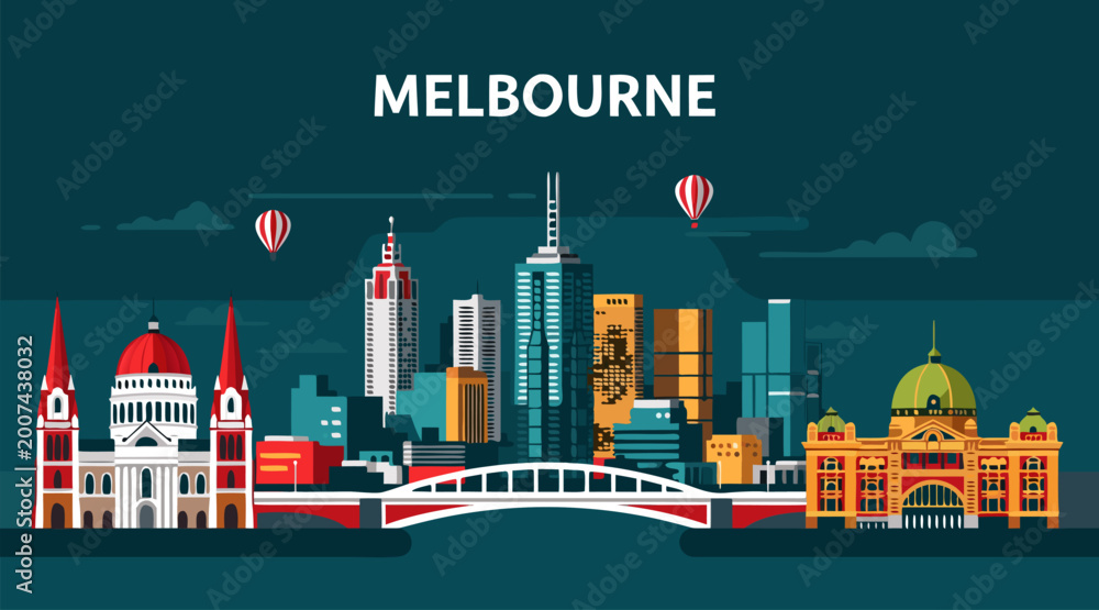 Obraz premium Melbourne city skyline vector illustration, vibrant modern cityscape with iconic buildings and hot air balloons, ideal for travel and urban design
