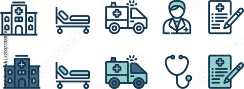 Medical and hospital icon set with ambulance doctor stethoscope patient bed and clipboard with pencil in line art vector style.