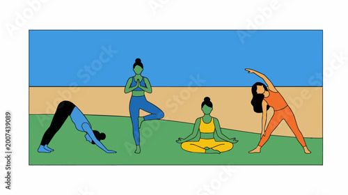 Diverse Group Practicing Yoga Poses Outdoors in Nature.