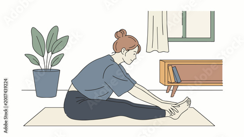 Woman Stretching on Yoga Mat in Home Setting.