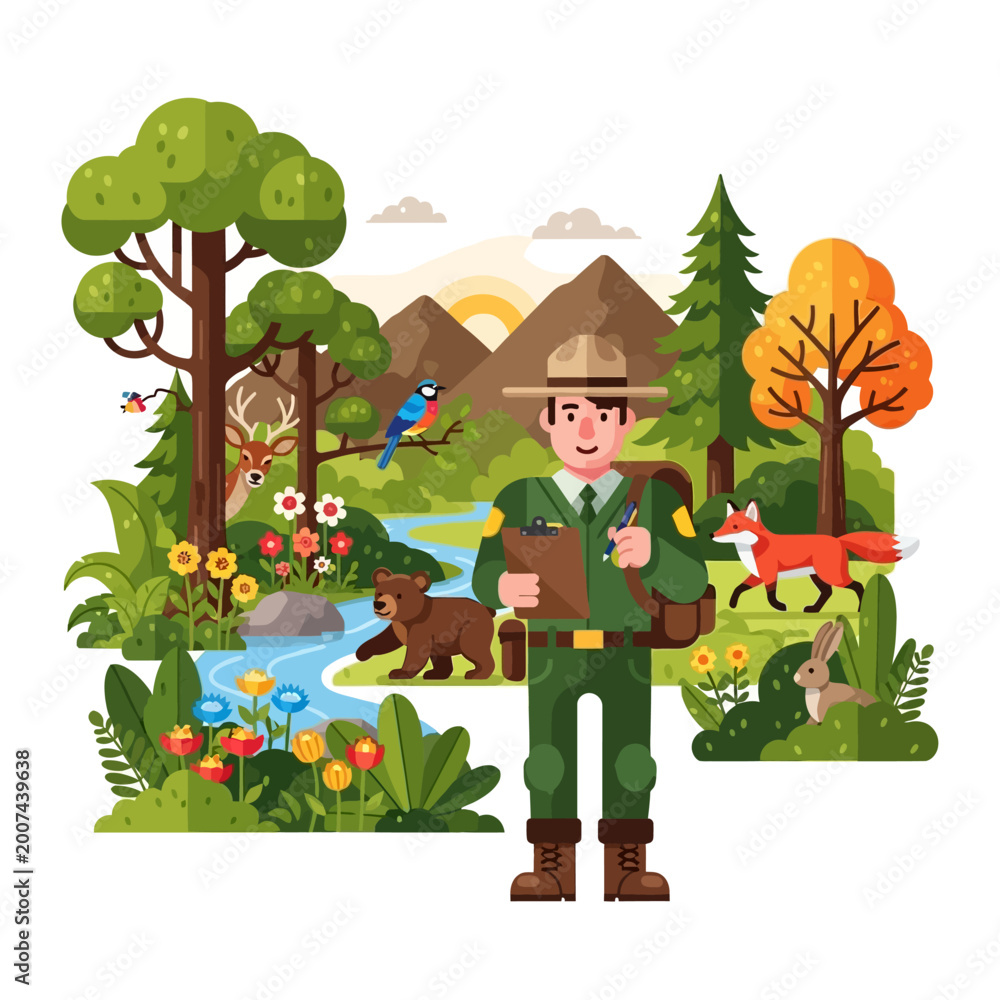 Fototapeta premium Park Ranger in Nature with Wildlife and Mountains - Flat Design Illustration