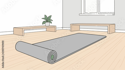 Rolled Yoga Mat on Wooden Floor in Room.