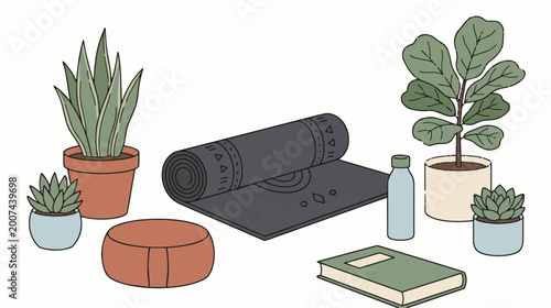 Yoga and meditation accessories for wellness and relaxation.