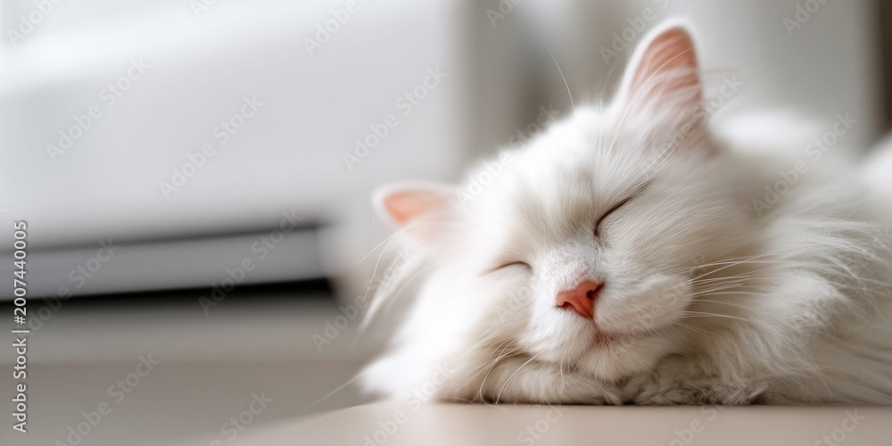 Obraz premium Peaceful white cat sleeping soundly in soft natural light near a window