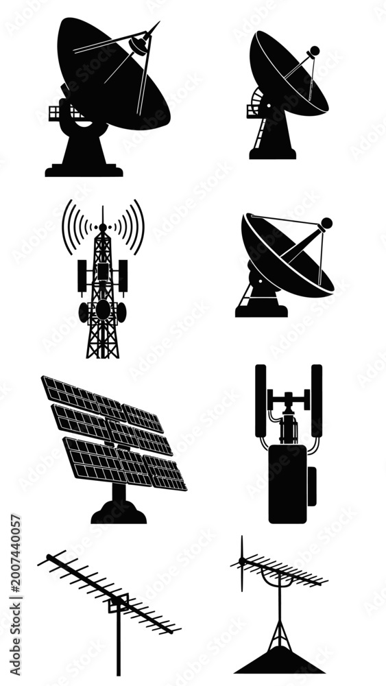 Fototapeta premium Satellite Dishes, Cell Tower, Solar Panel, Antennas: Communication Technology Icons