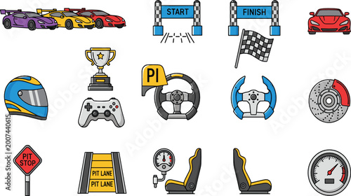 Fotografi Motorsport Racing Icon Set with Sports Cars, Helmets, Steering Wheels, Pit Stop Elements, and Finish Line Symbols for Automotive Competition and Game Design