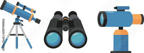 Foto Vector set of astronomical telescope on tripod, professional binoculars, and mon