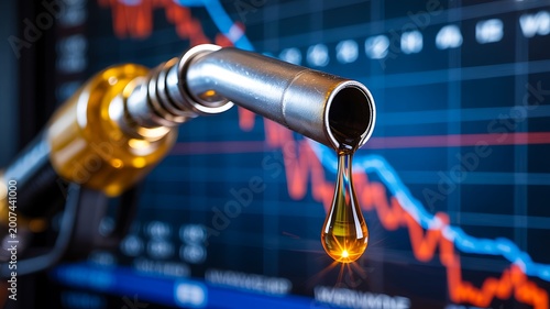 Oil pouring from nozzle with falling graph representing decline in oil prices and energy market downturn concept