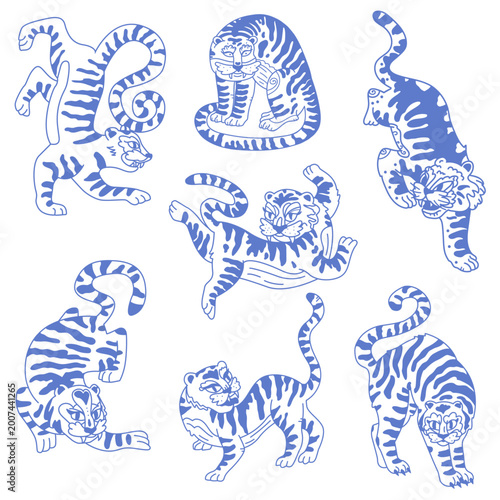 Photography Vector illustration of Asian tigers in Chinese and Korean styles/Linear doodle d