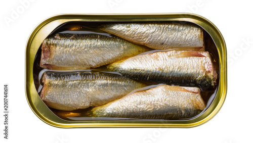 Fotografie Four whole sardines packed in oil inside a golden tin can, isolated on transpare
