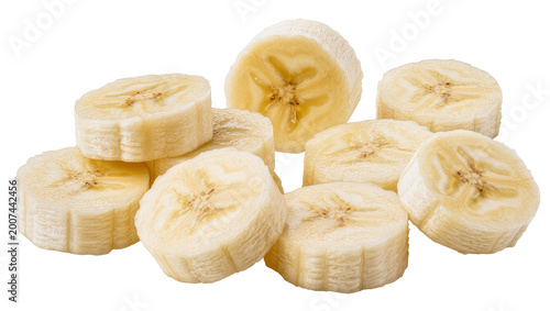 Fotografía Pile of fresh banana slices, isolated on transparent background