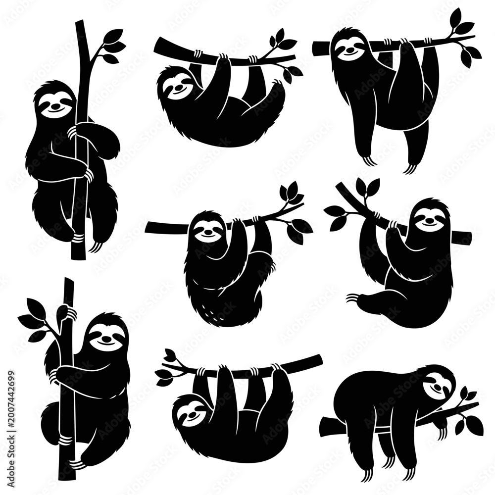 Fototapeta premium Cute Sloth Illustrations - Hanging on Trees, Climbing, Relaxing Poses