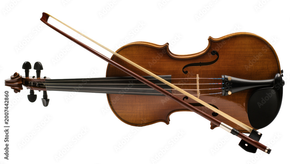 Fototapeta premium Wooden violin with bow resting on strings, isolated on transparent background