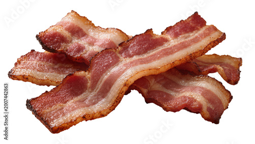 Crispy fried bacon strips with fat and lean meat, isolated on transparent background