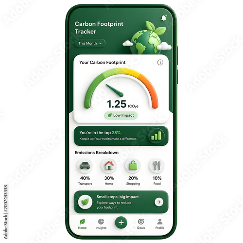 Carbon Footprint Tracker App Interface Showing Gauge With 1.25 Value And Icons For Transportation Home Shopping And Food On Transparent Background Realistic 3d Render