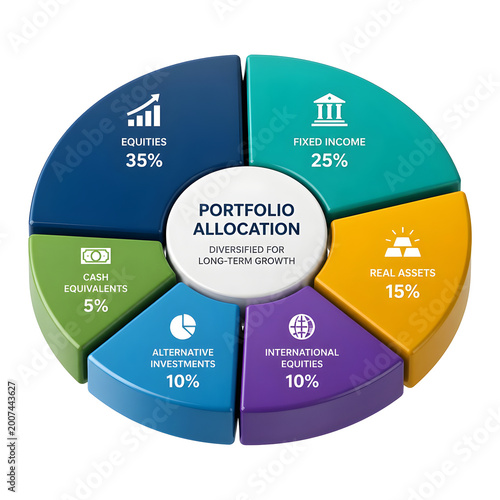 Circular 3D Portfolio Allocation Chart With Percentages And Icons Showing Financial Investments Diversified Across Stocks Bonds Real Assets And More On A Clean White Background