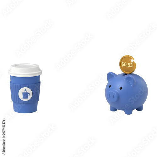Blue Piggy Bank With Gold Coin And Blue Coffee Cup On White Background
