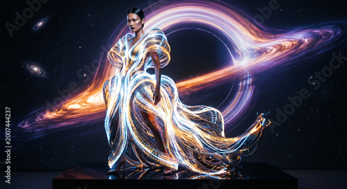 Woman in futuristic glowing dress posing against cosmic background  