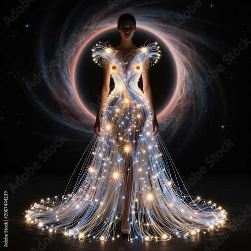 Woman wearing illuminated gown with swirling galaxy background  
