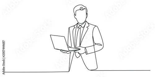 Businessman in a suit holding a laptop continuous one line art drawing
