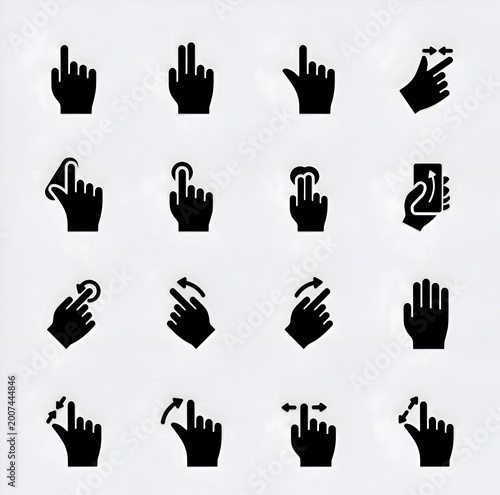 Set of mobile touch screen hand gestures icons. Vector illustration of finger tapping, swiping, zooming, and scrolling actions for UI/UX design.