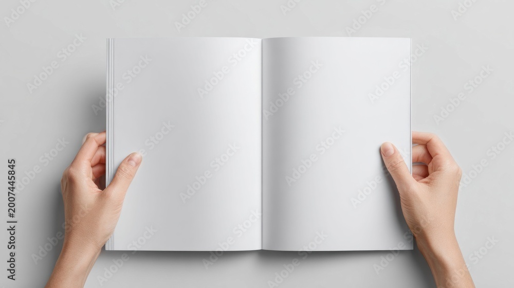 Obraz premium Hands holding open a blank white magazine or book for mockup purposes