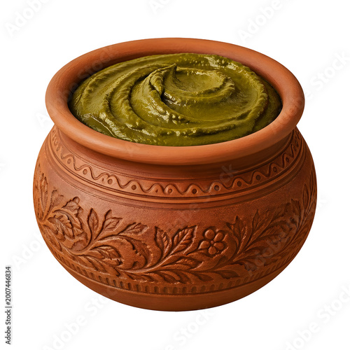 Traditional Terracotta Pot Filled With Swirled Green Paste Or Chutney With Intricate Floral Carvings And A White Background