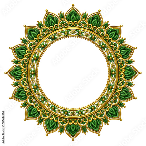 Ornate Gold Green Circular Frame Festive Indian Festival Hariyali Teej Decorative Border Intricate Paisley Motifs Elegant Traditional Indian Art