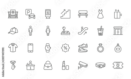 A grid of 32 minimalist monochrome outline icons on a white background, depicting various elements commonly found in a shopping mall. Icons include storefronts, stairs, escalators, clothing