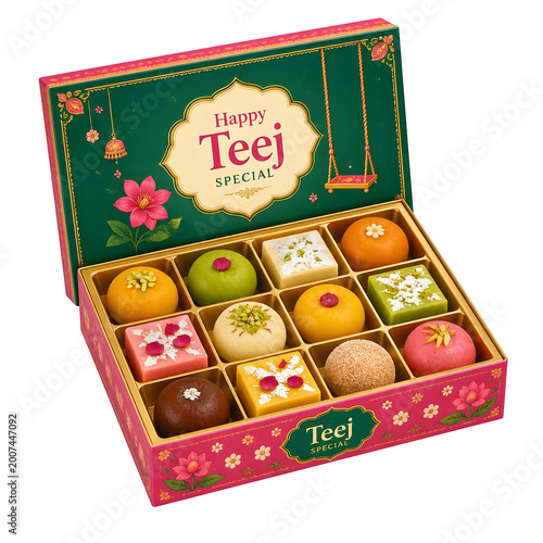 Assortment of Indian Sweets in a Decorative Teej Gift Box Featuring Floral Motifs and Swing Imagery in Festive Green and Pink Hues