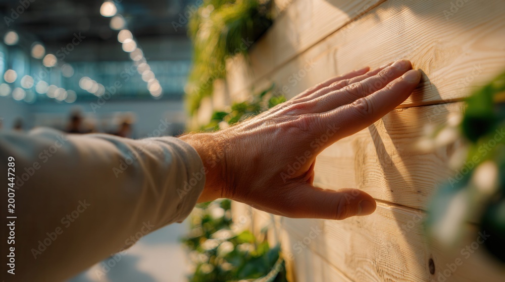 Fototapeta premium Man's hand gently touching a warm wooden wall with green plants in the background