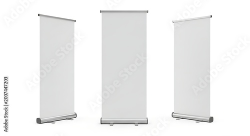 Three blank rollup banner stands isolated on white background