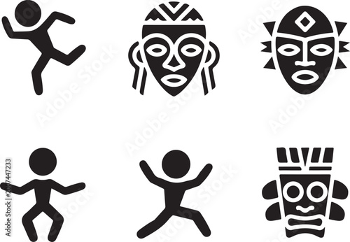 Minimalist graphic icon set featuring tribal human silhouettes and traditional cultural masks for creative design projects