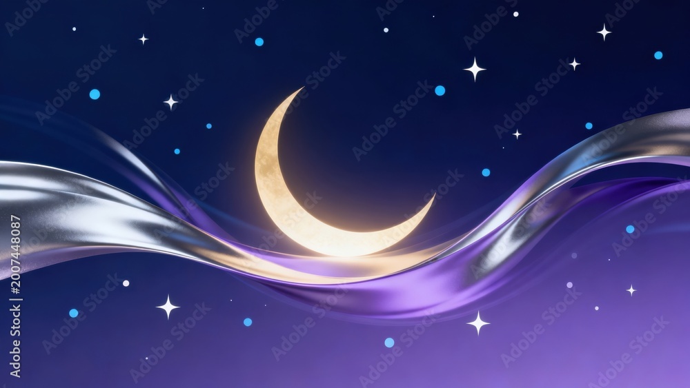 Fototapeta premium Crescent moon with flowing fabric in night sky